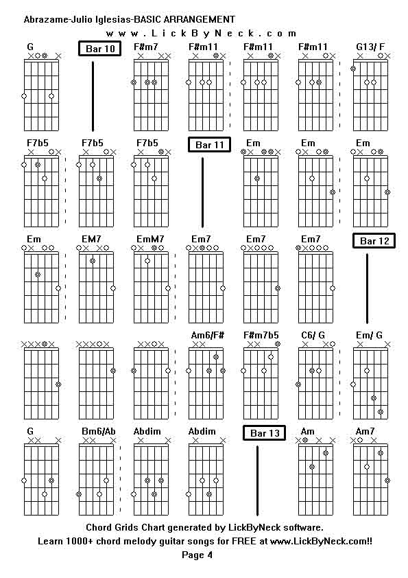 Chord Grids Chart of chord melody fingerstyle guitar song-Abrazame-Julio Iglesias-BASIC ARRANGEMENT,generated by LickByNeck software.